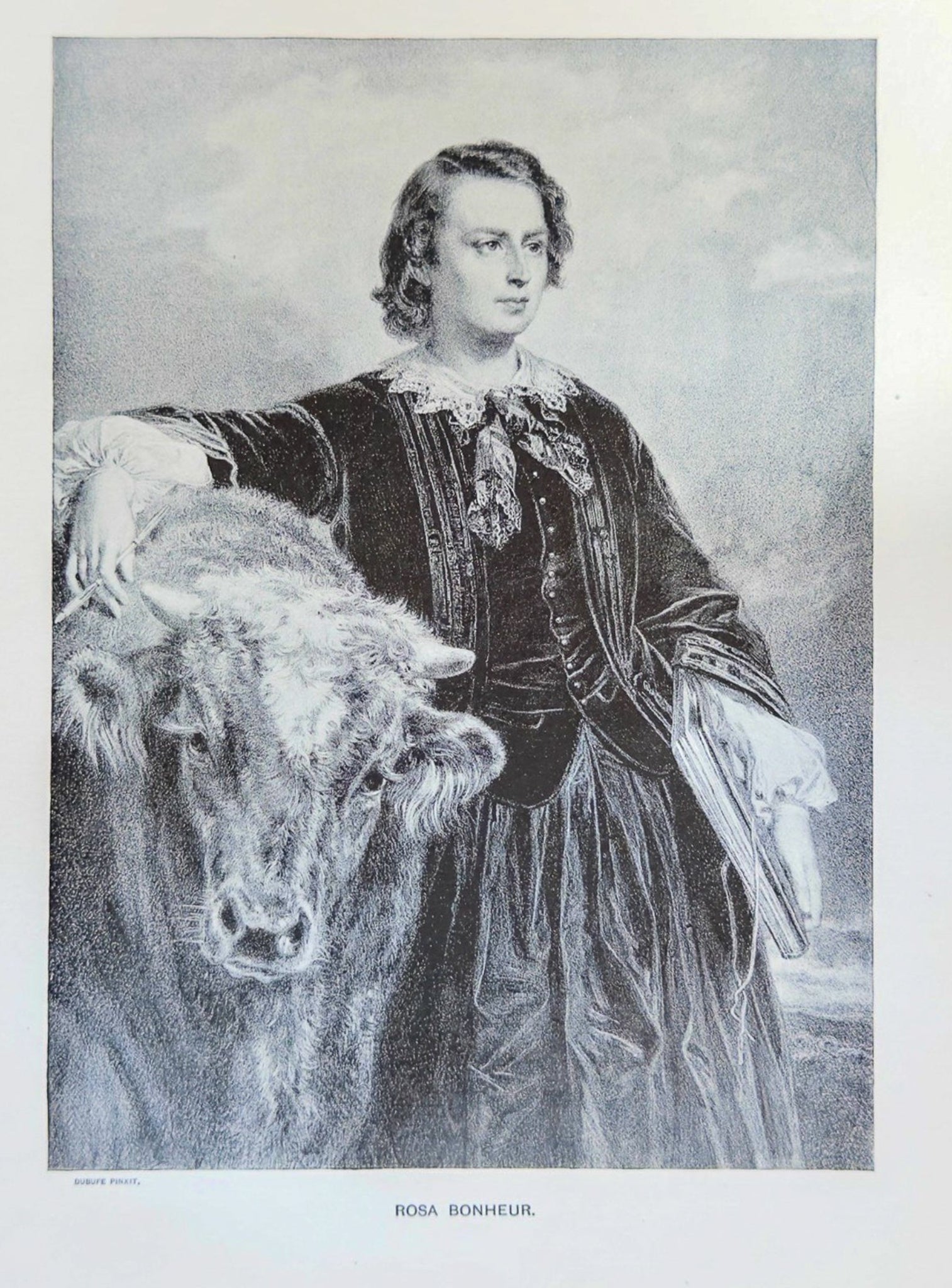 Engraving of a person in formal attire with a cow, on a plain background