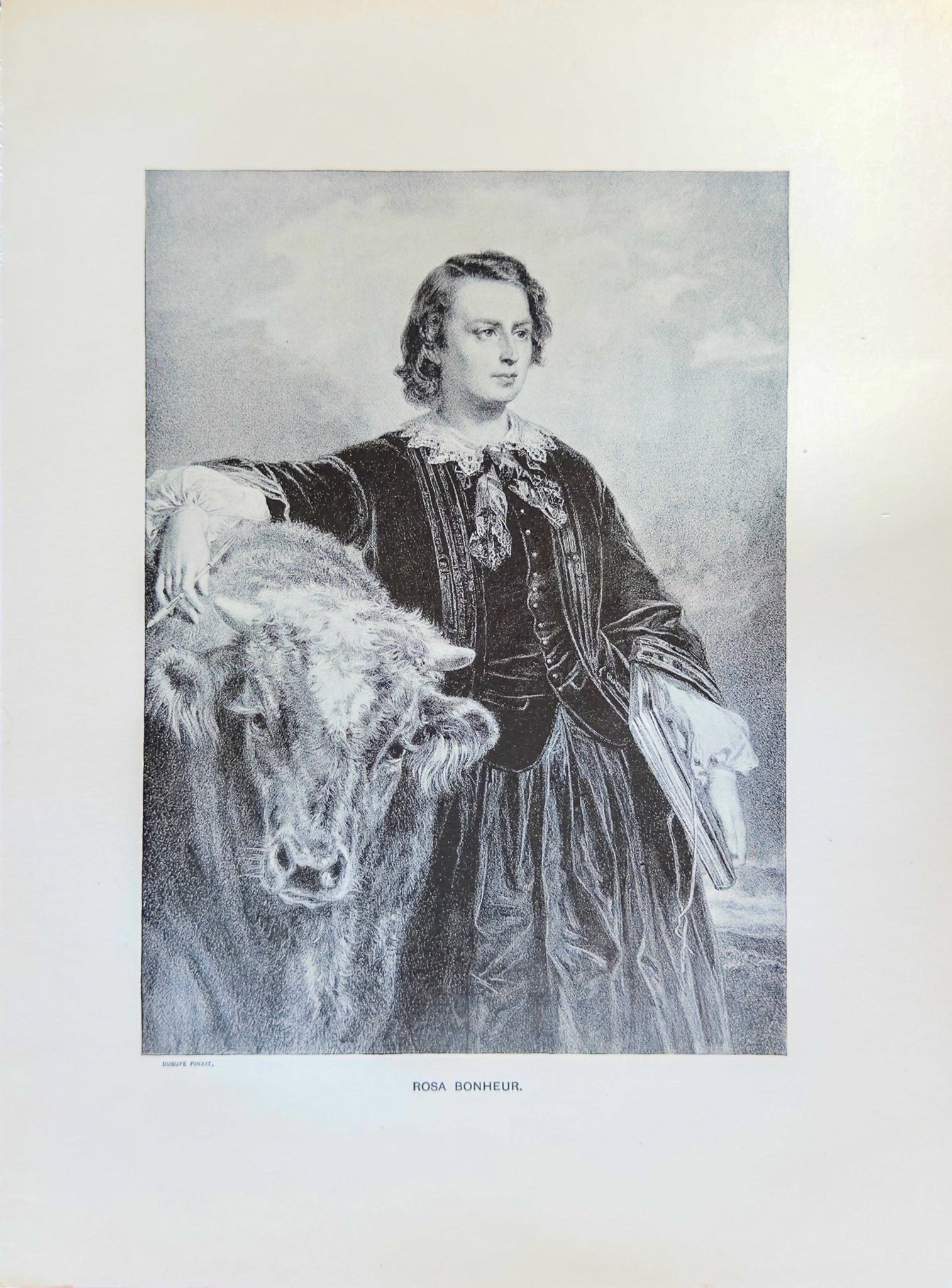 Engraving of a person in formal attire with a cow, on a plain background