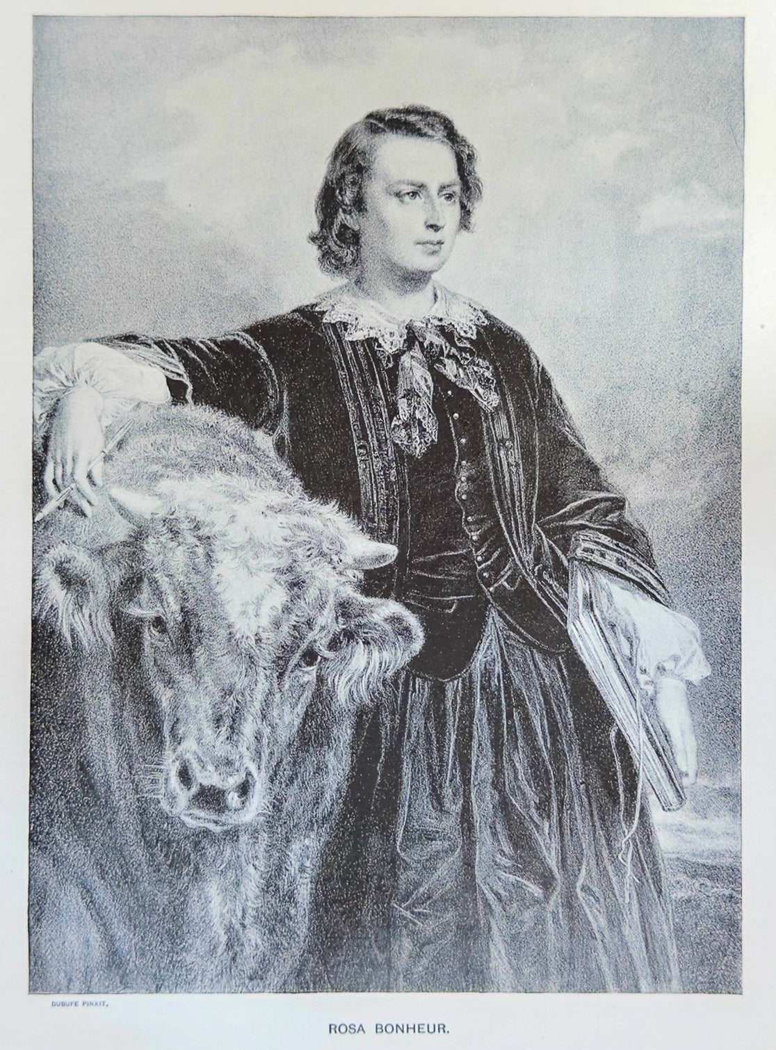 Engraving of a person in formal attire with a cow, on a plain background