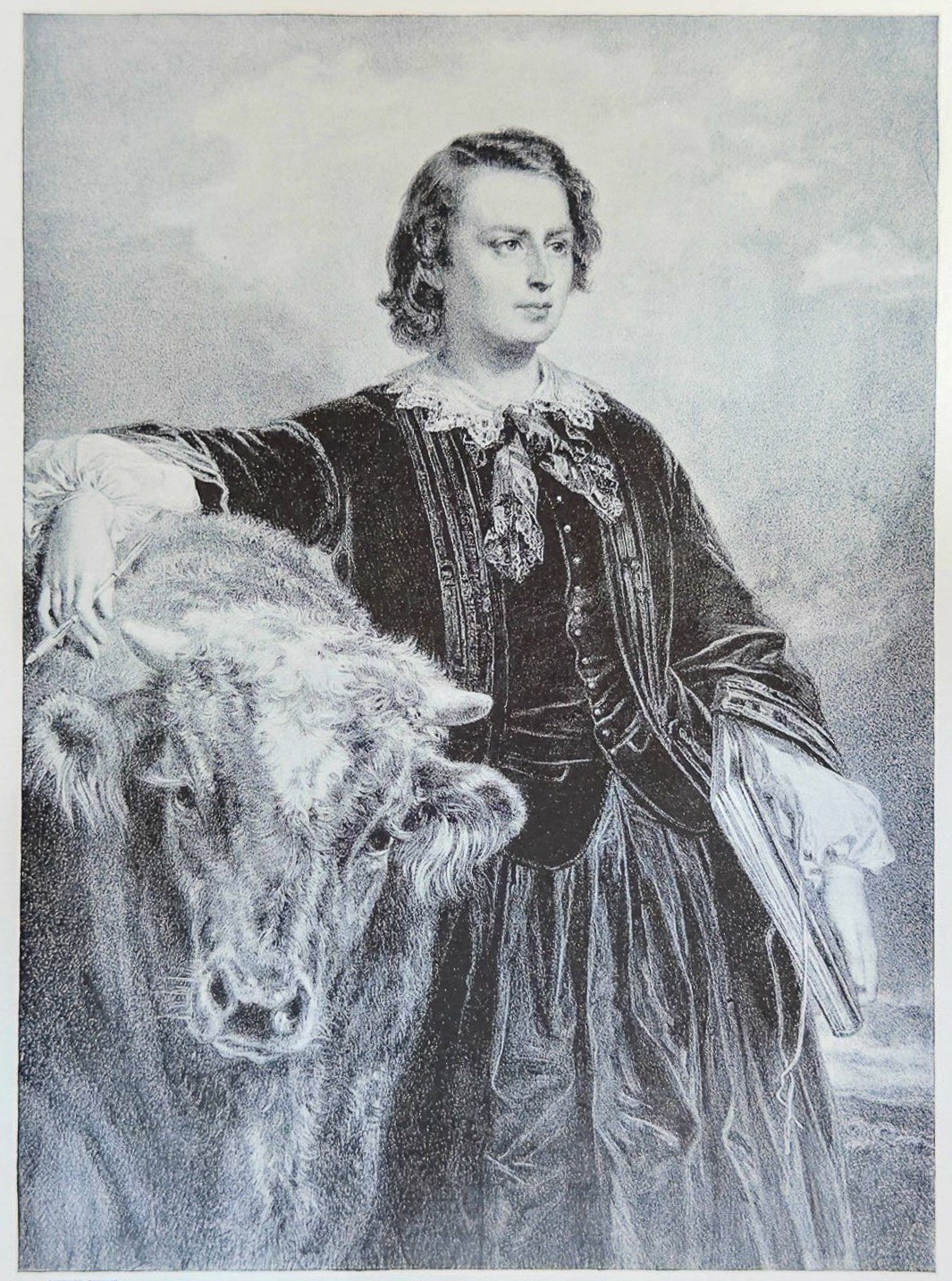 Engraving of a person in formal attire with a cow, on a plain background