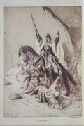 Illustration of a warrior on horseback with text on an open book