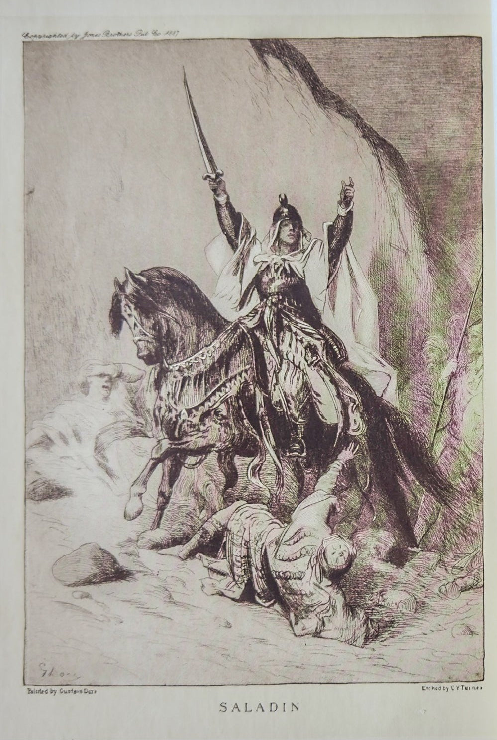 Illustration of a warrior on horseback with text on an open book