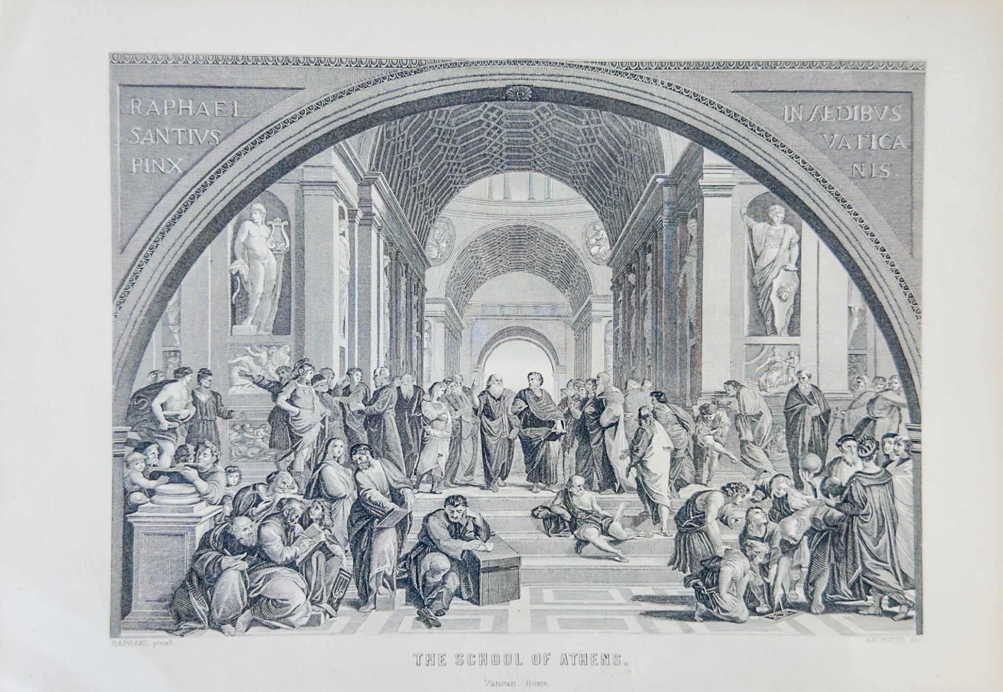 Engraving of 'The School of Athens' by Raphael, showing classical architecture and figures.