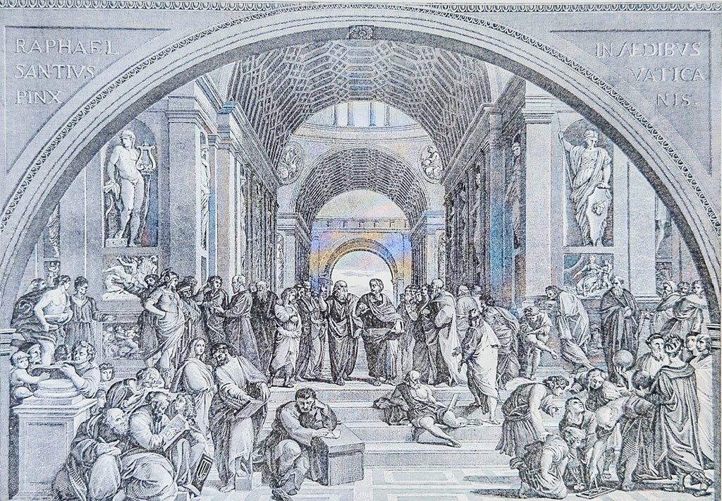 Illustration of 'The School of Athens' by Raphael on a white background