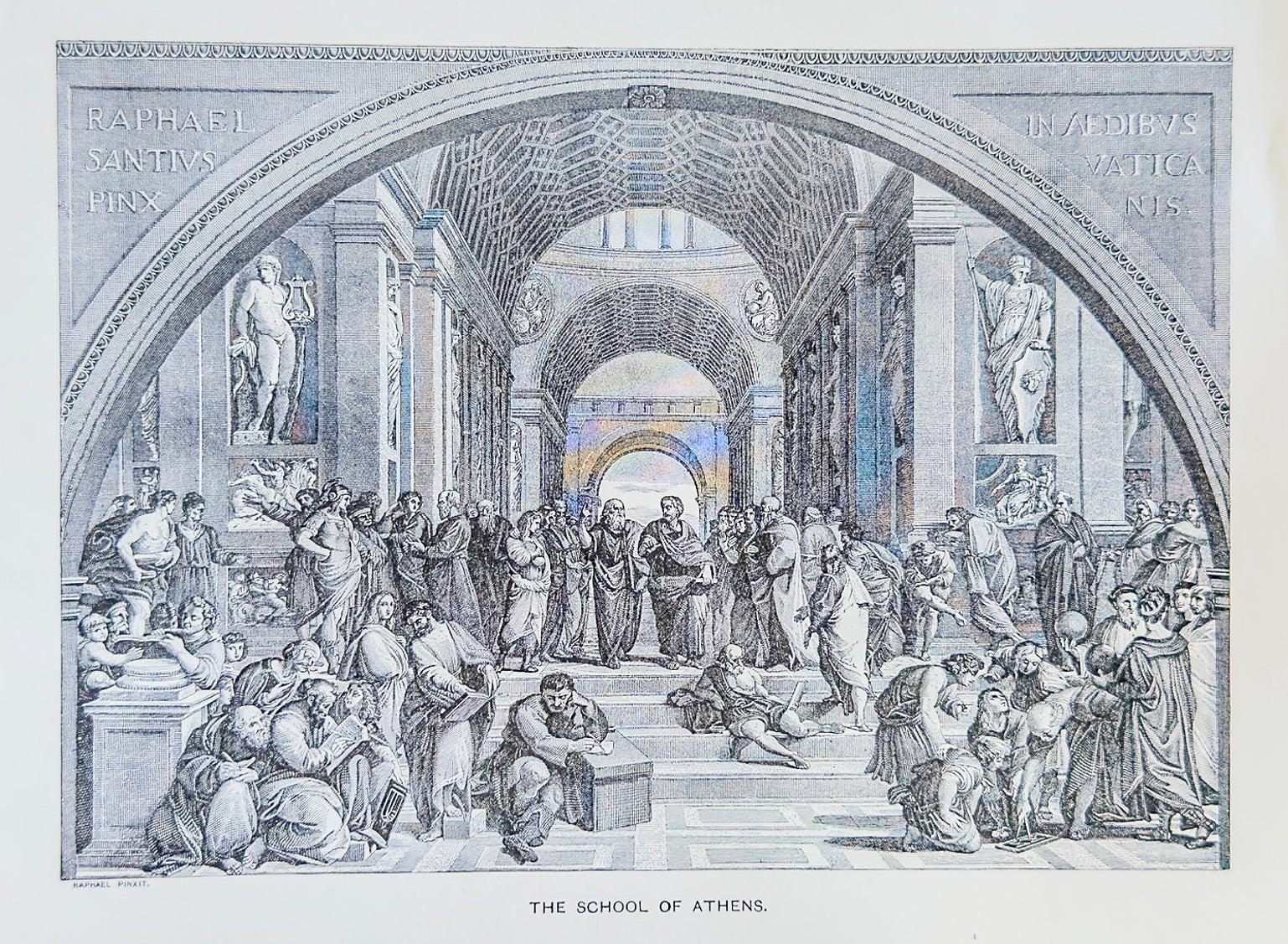 Illustration of 'The School of Athens' by Raphael on a white background