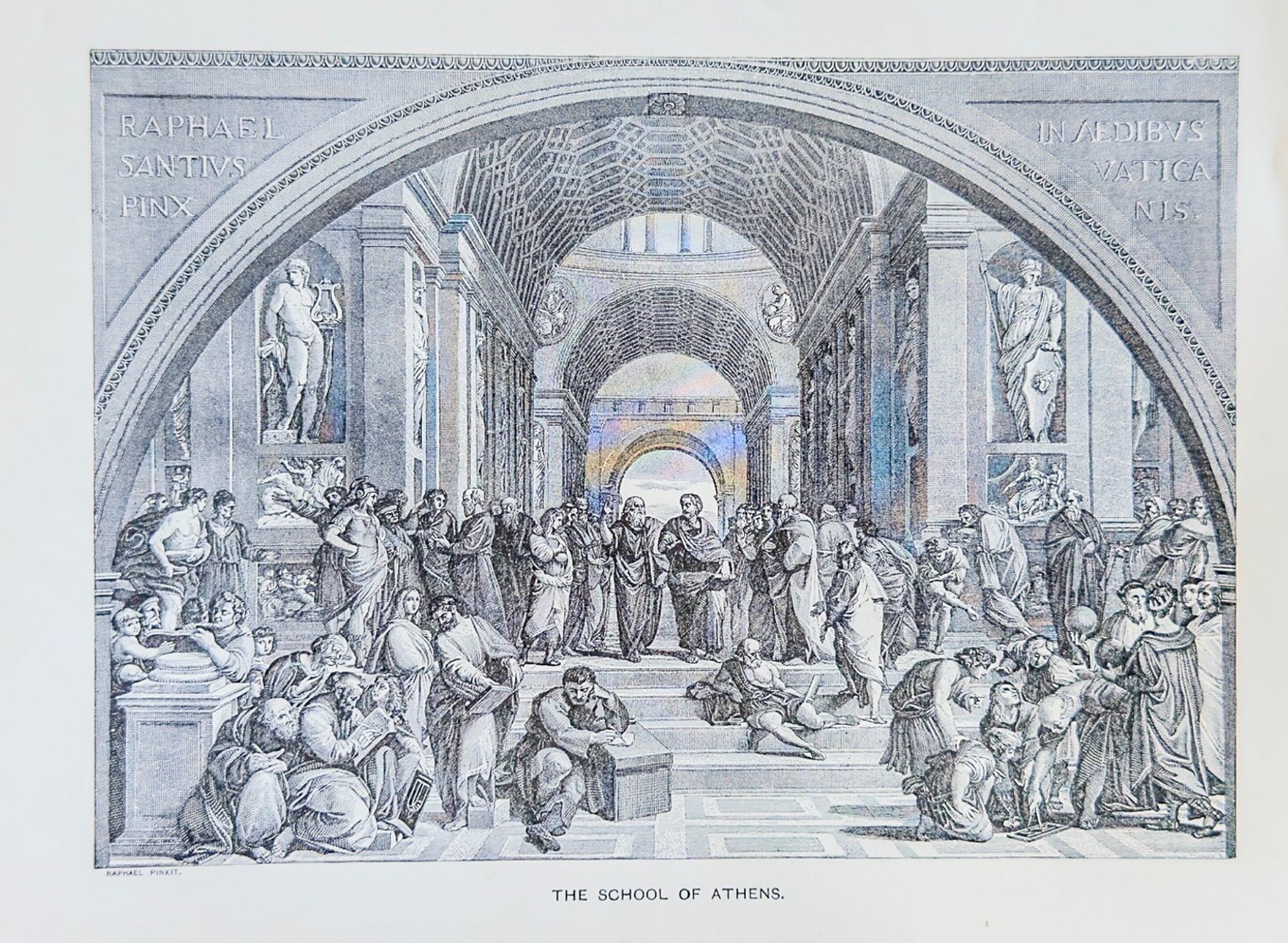 Illustration of 'The School of Athens' by Raphael on a white background