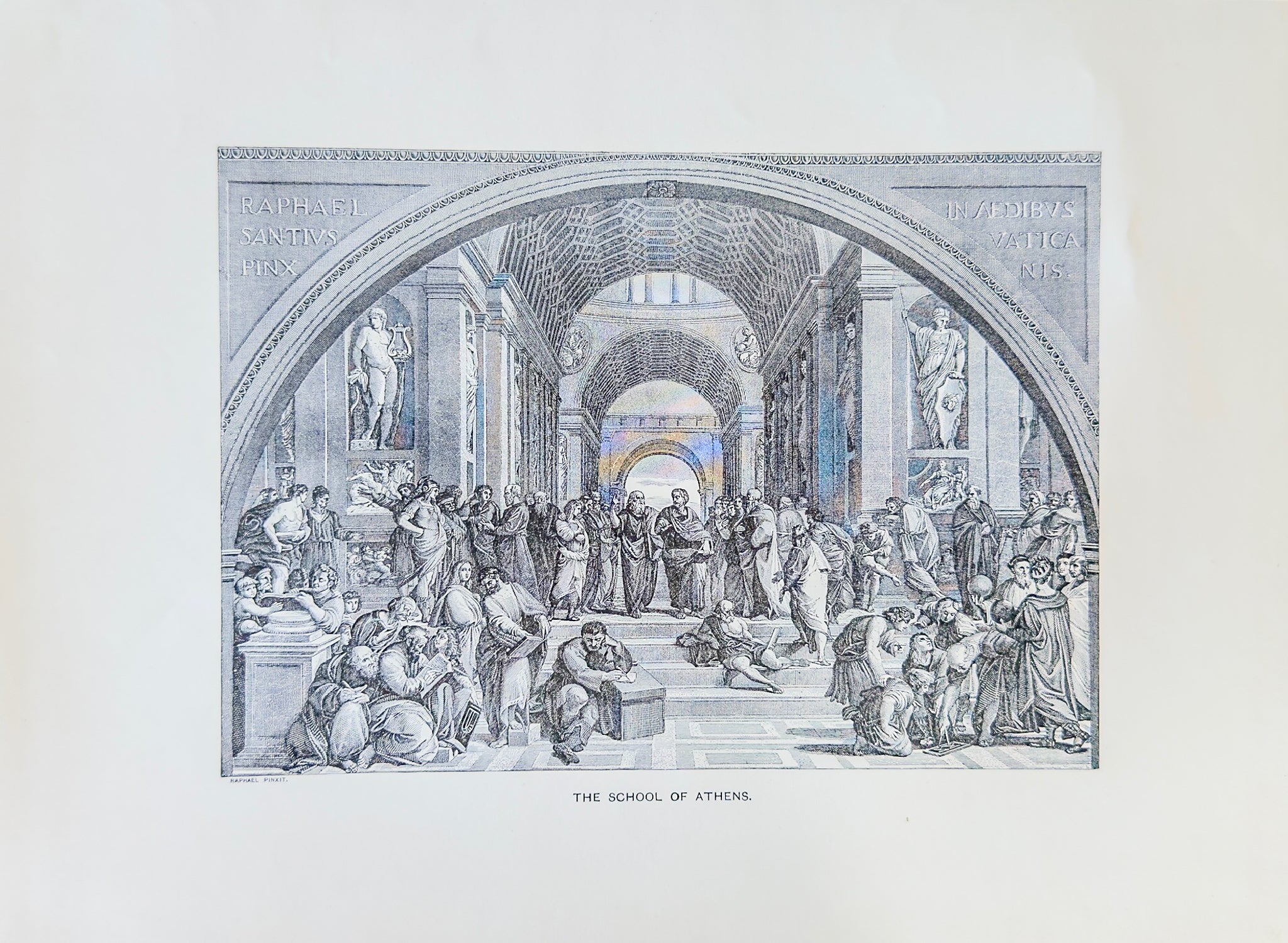 Illustration of 'The School of Athens' by Raphael on a white background