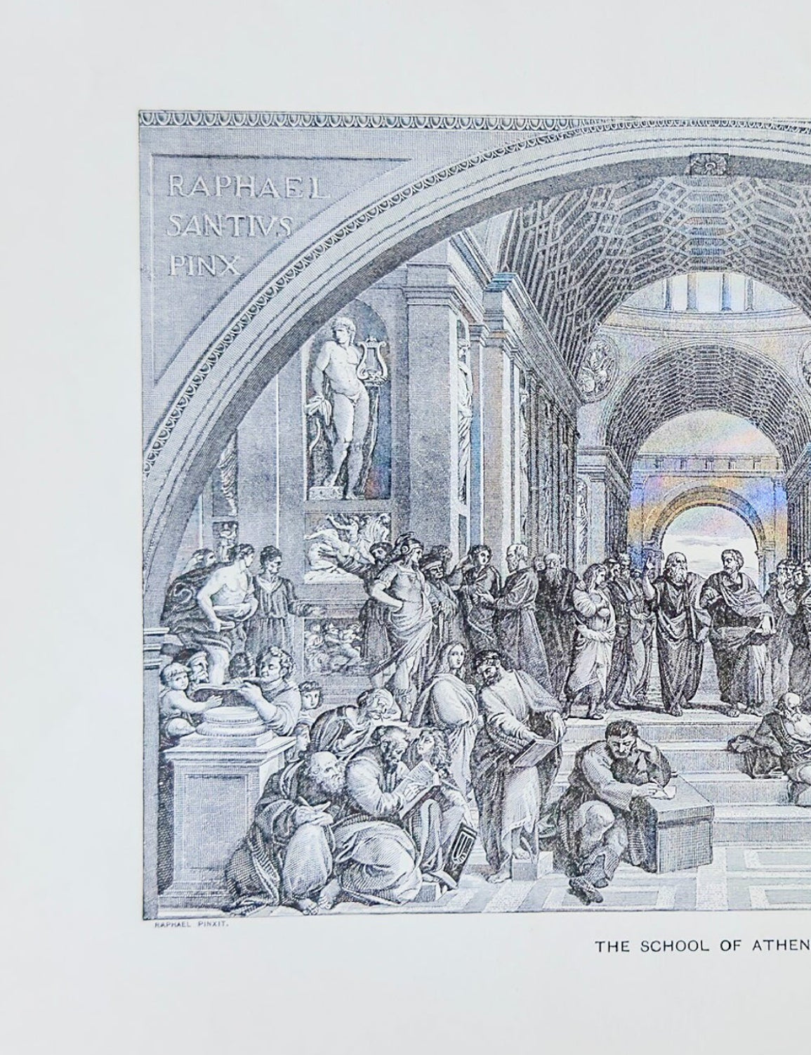 Illustration of 'The School of Athens' by Raphael on a white background