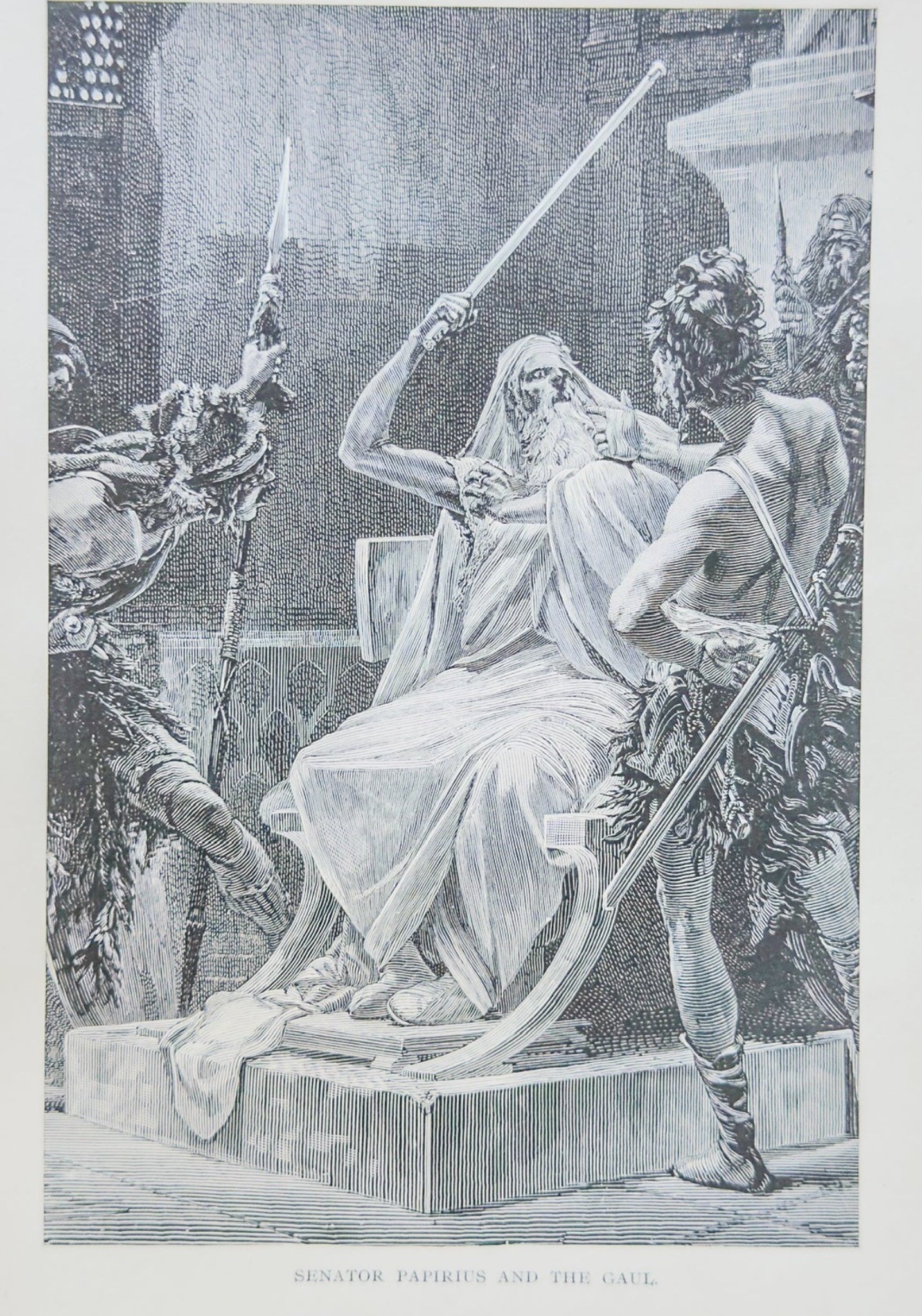 Vintage engraving of a classical scene with figures and architecture