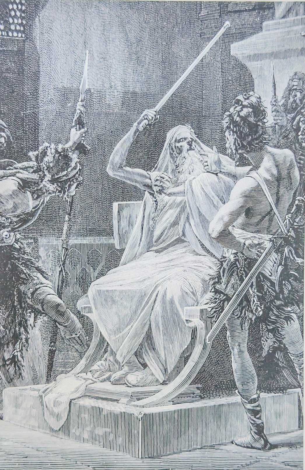 Vintage engraving of a classical scene with figures and architecture