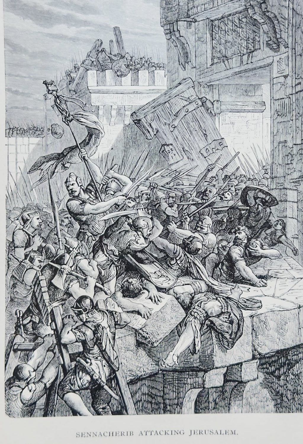 Black and white illustration of a battle scene with soldiers and a building in the background.