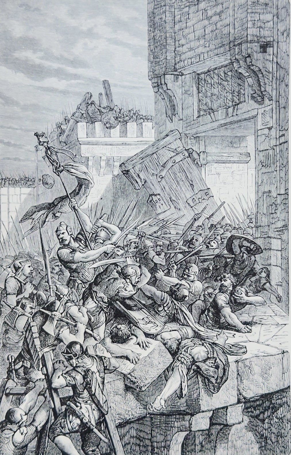 Black and white illustration of a battle scene with soldiers and a building in the background.