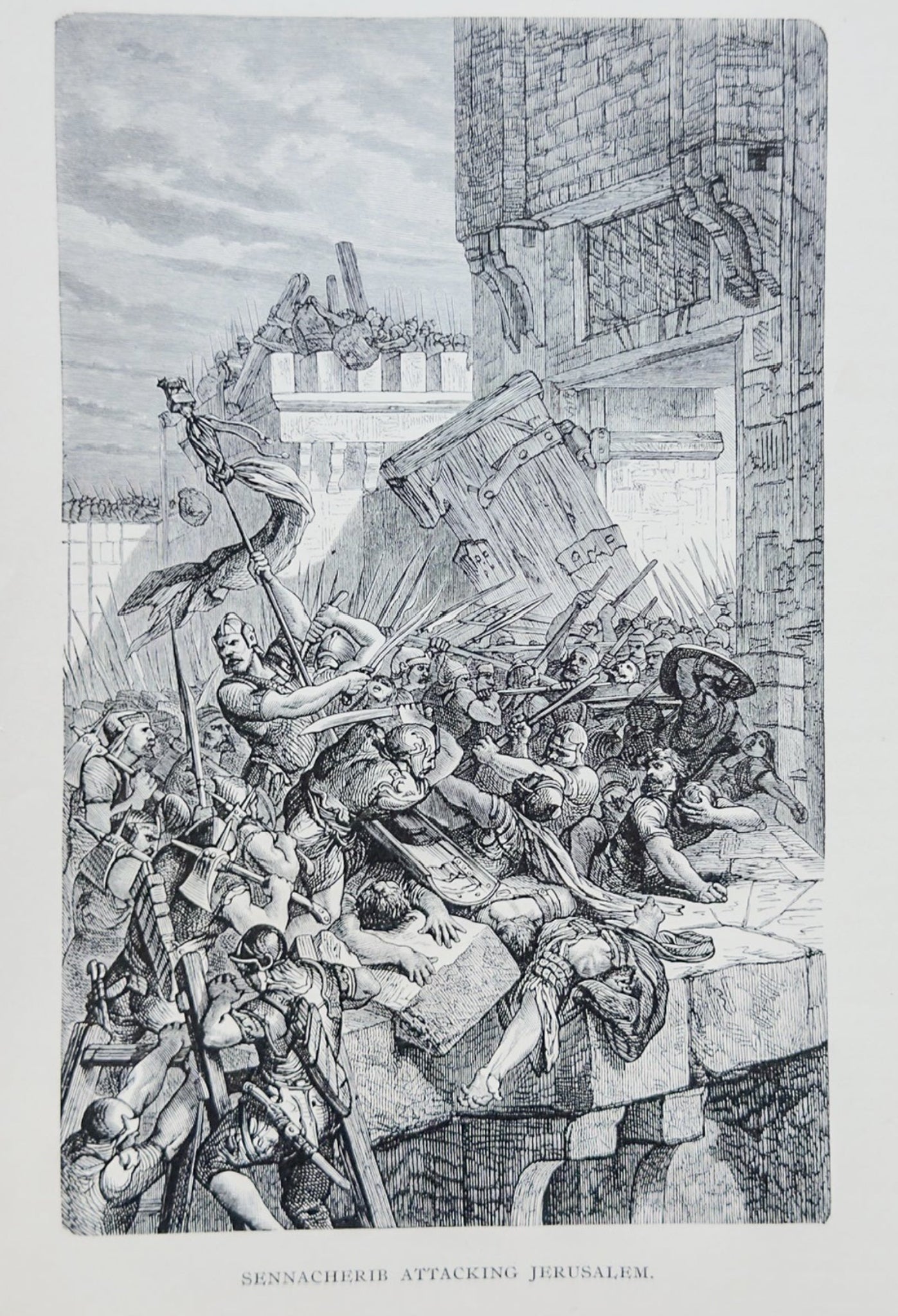 Black and white illustration of a battle scene with soldiers and a building in the background.