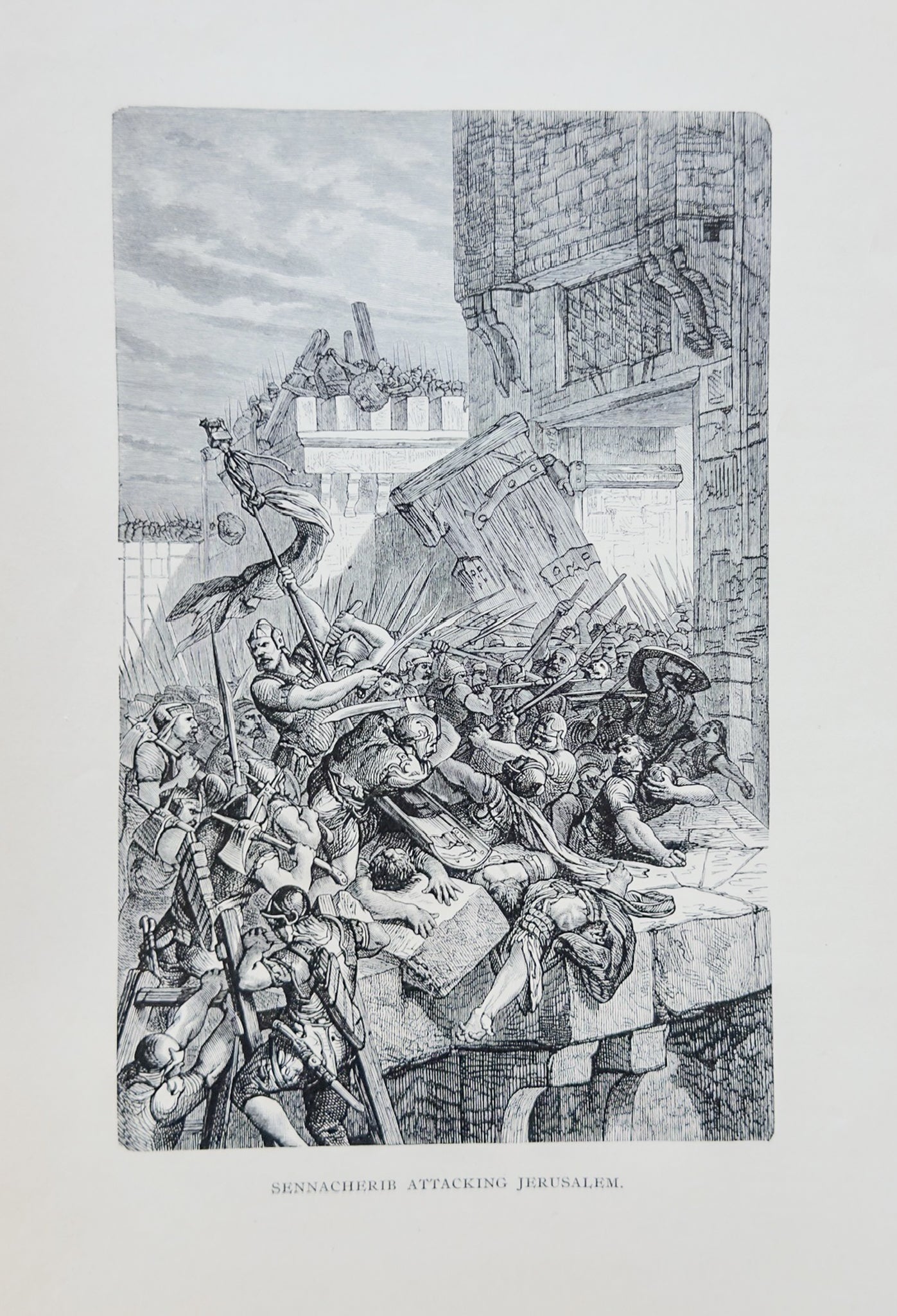 Black and white illustration of a battle scene with soldiers and a building in the background.