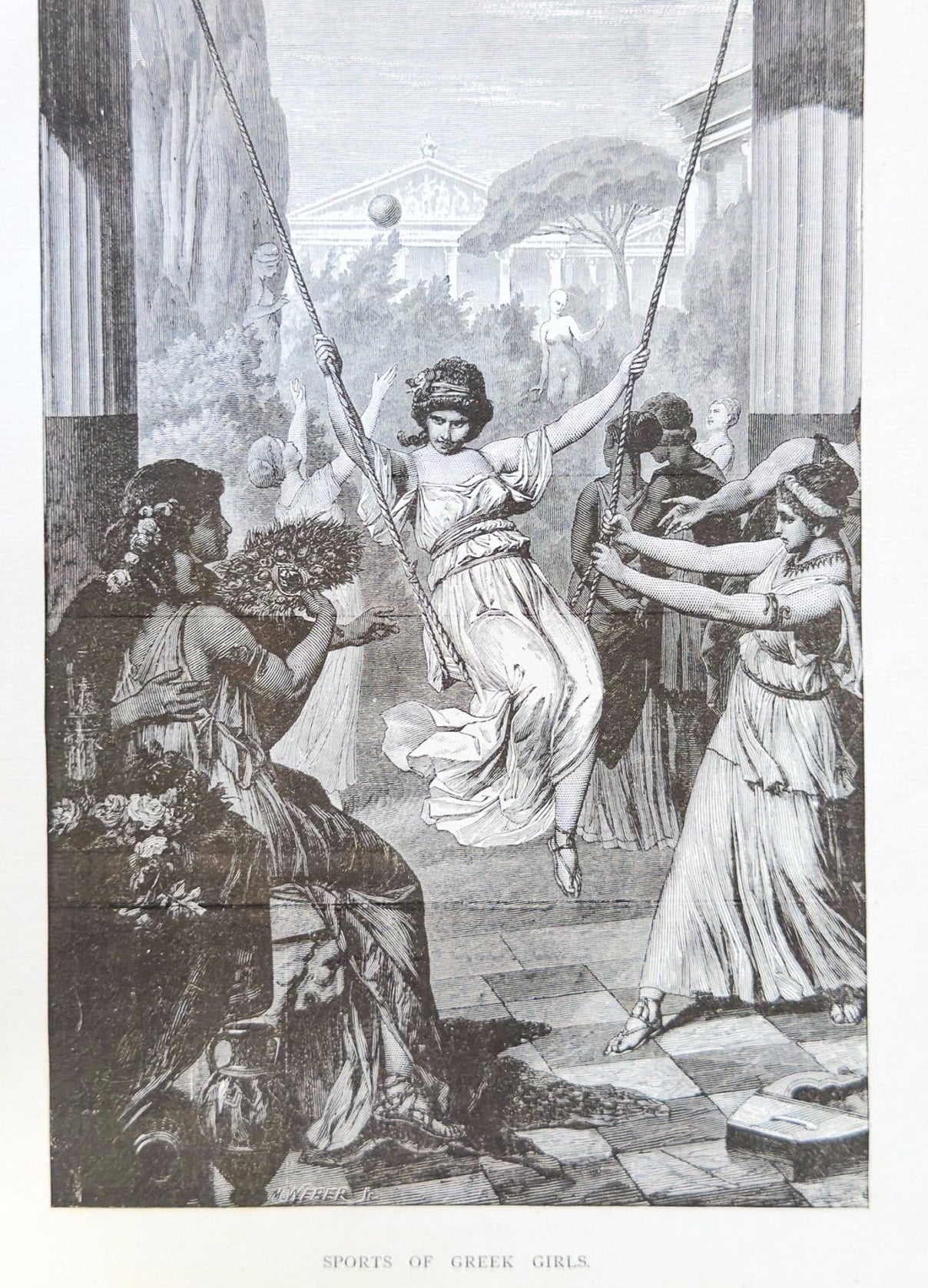 Vintage illustration of a woman being weighed against a man in a classical setting