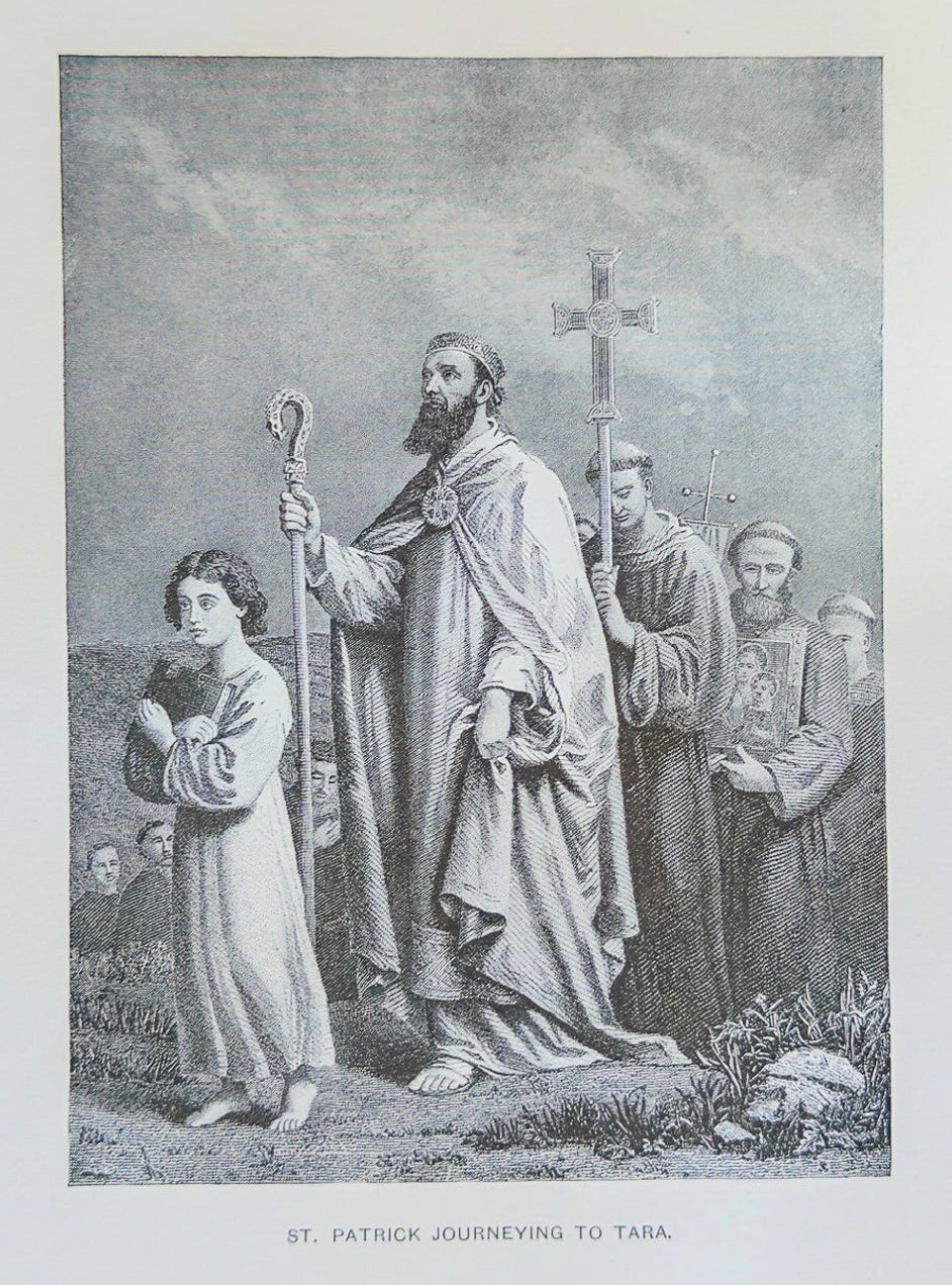 Vintage black and white print of a religious scene with figures and a cross on a white background