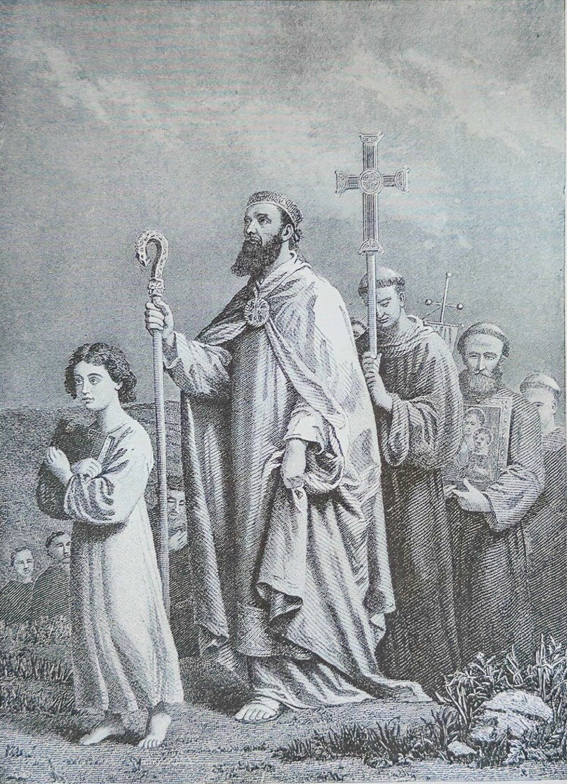 Vintage black and white print of a religious scene with figures and a cross on a white background
