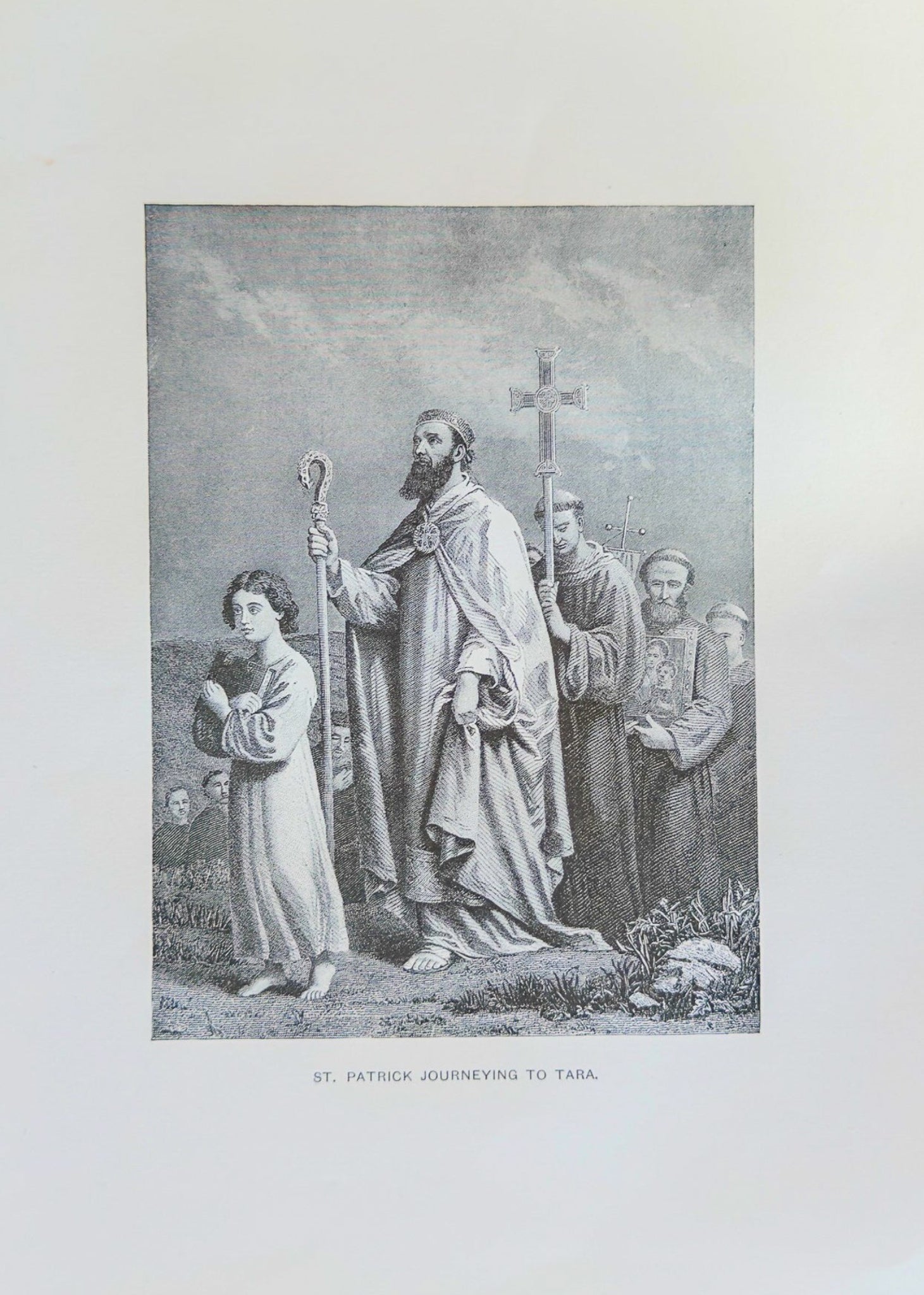 Vintage black and white print of a religious scene with figures and a cross.
