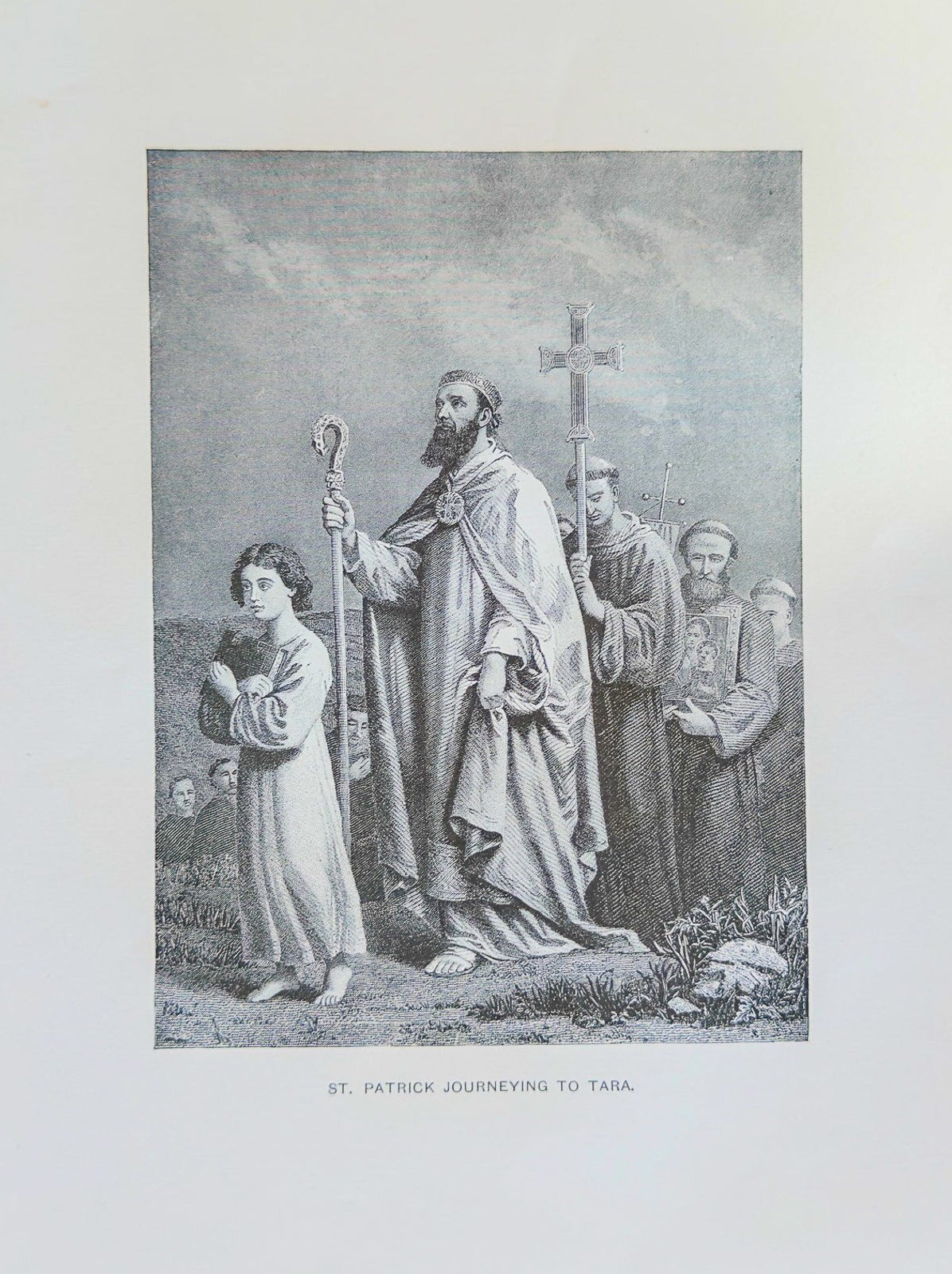 Vintage black and white print of a religious scene with figures and a cross on a white background