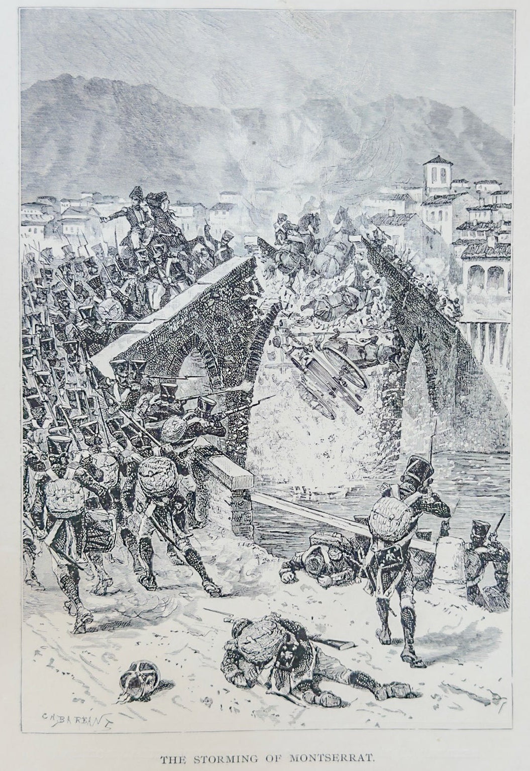 Vintage illustration of a historical event with people and structures in the background