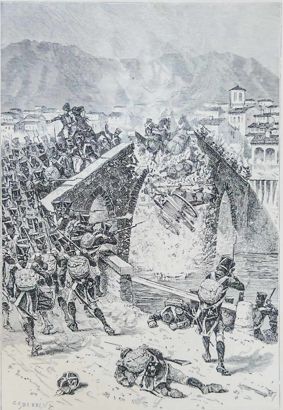 Vintage illustration of a historical event with people and structures in the background
