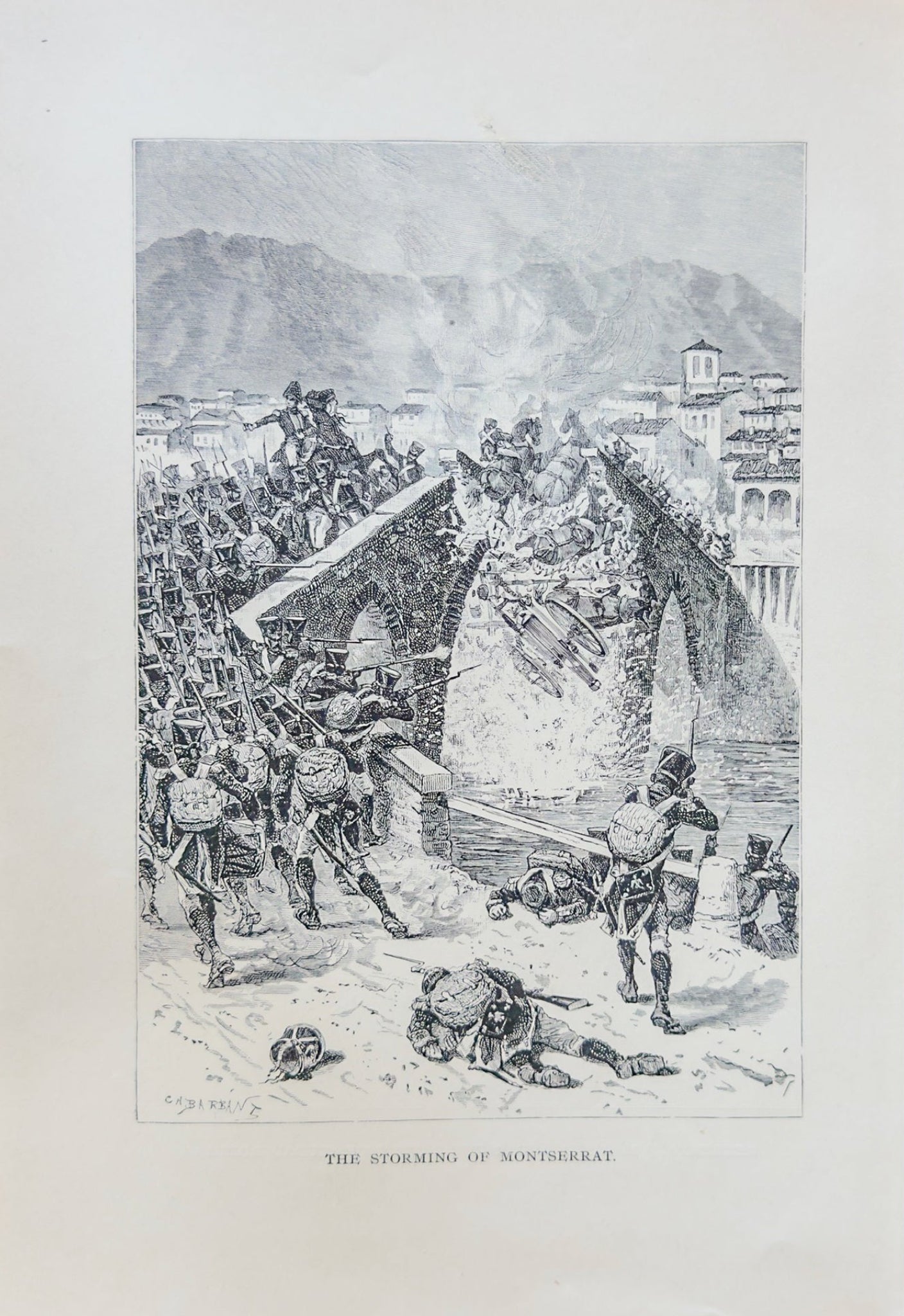 Vintage illustration of a historical event with people and structures in the background