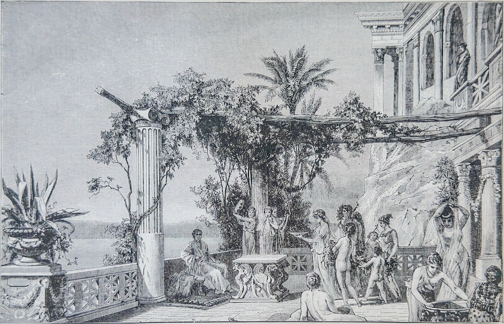 Vintage engraving of a classical scene with people on a balcony.