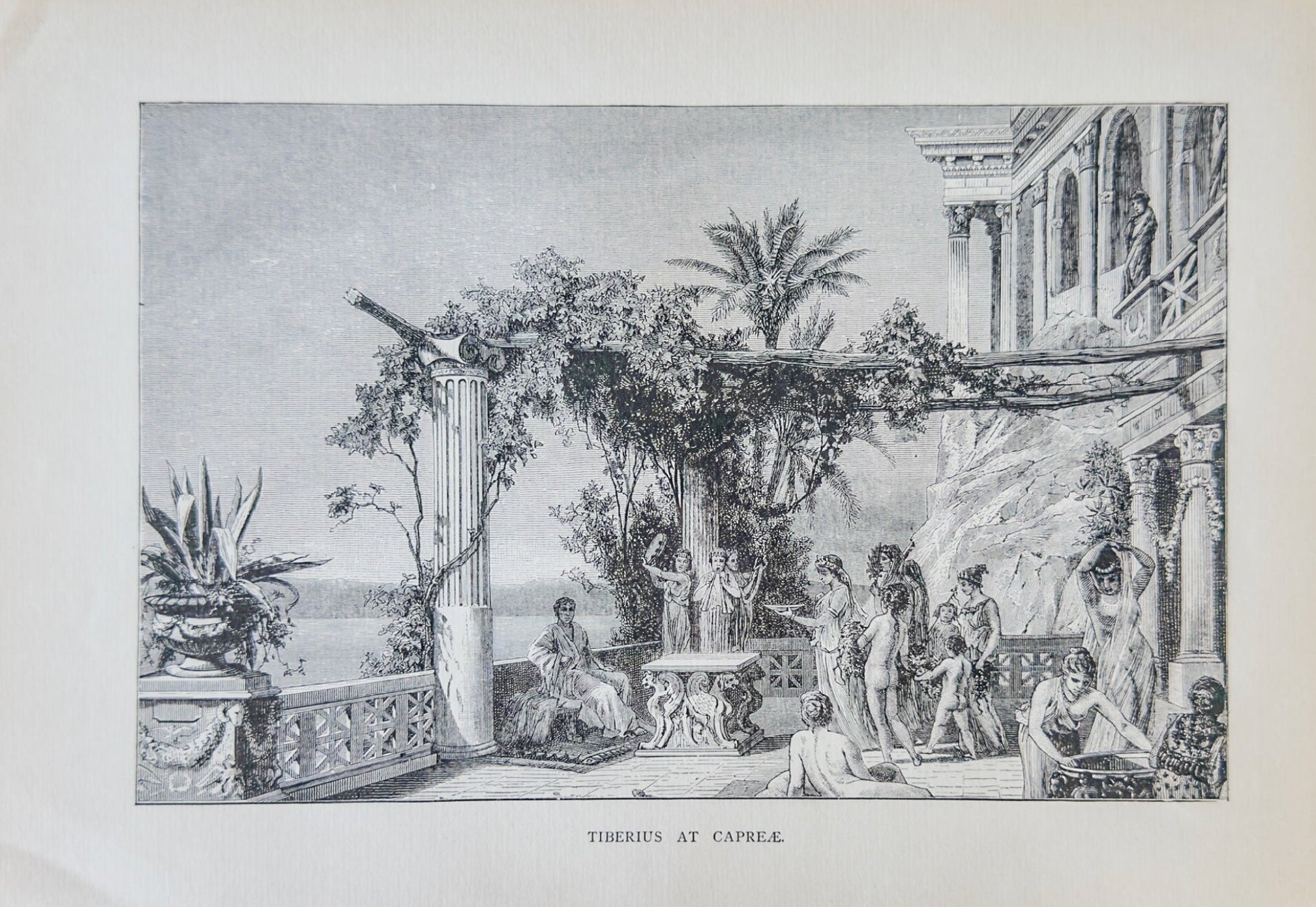 Vintage engraving of a classical scene with people on a balcony.