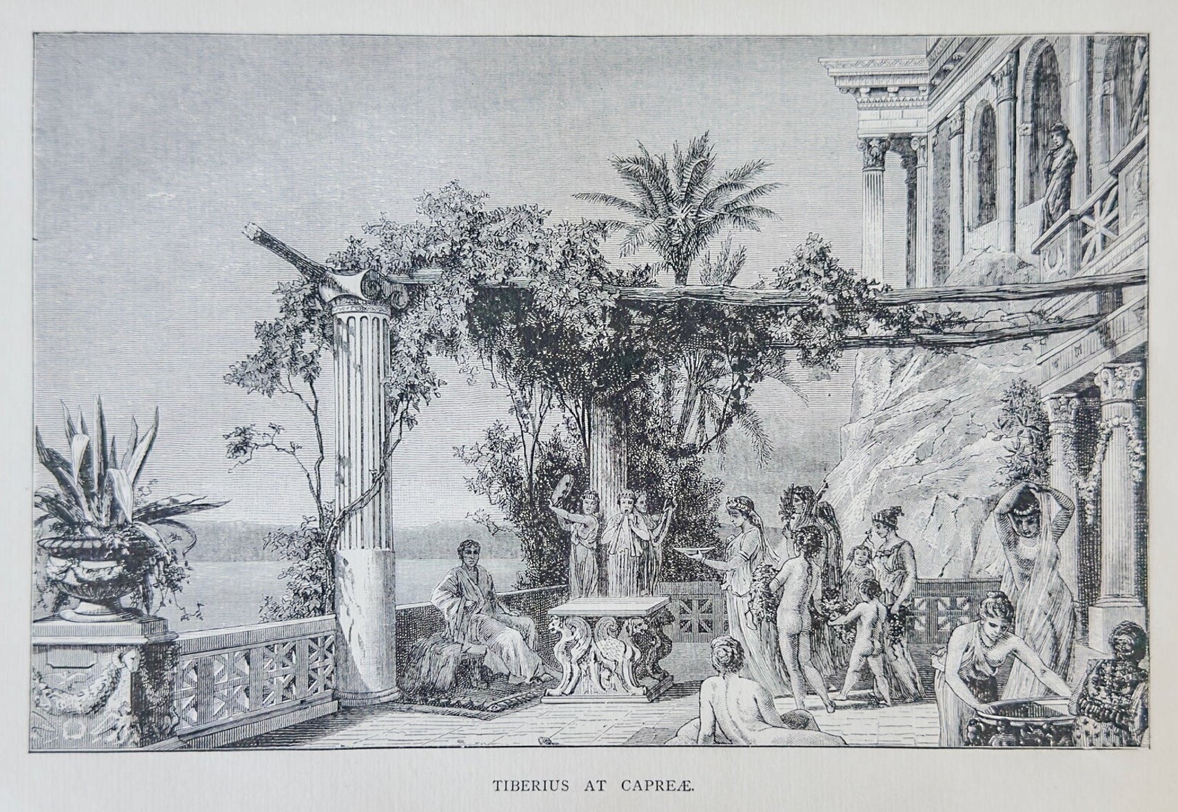 Vintage engraving of a classical scene with people on a balcony.