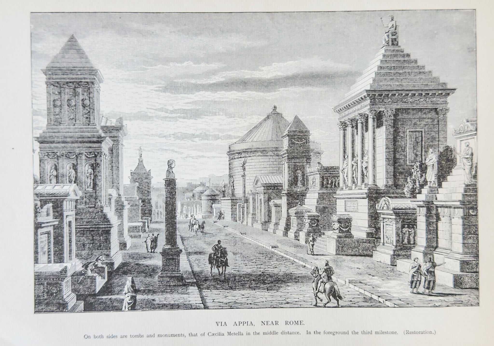 Engraving of classical architecture with columns and statues, framed by a wooden border.