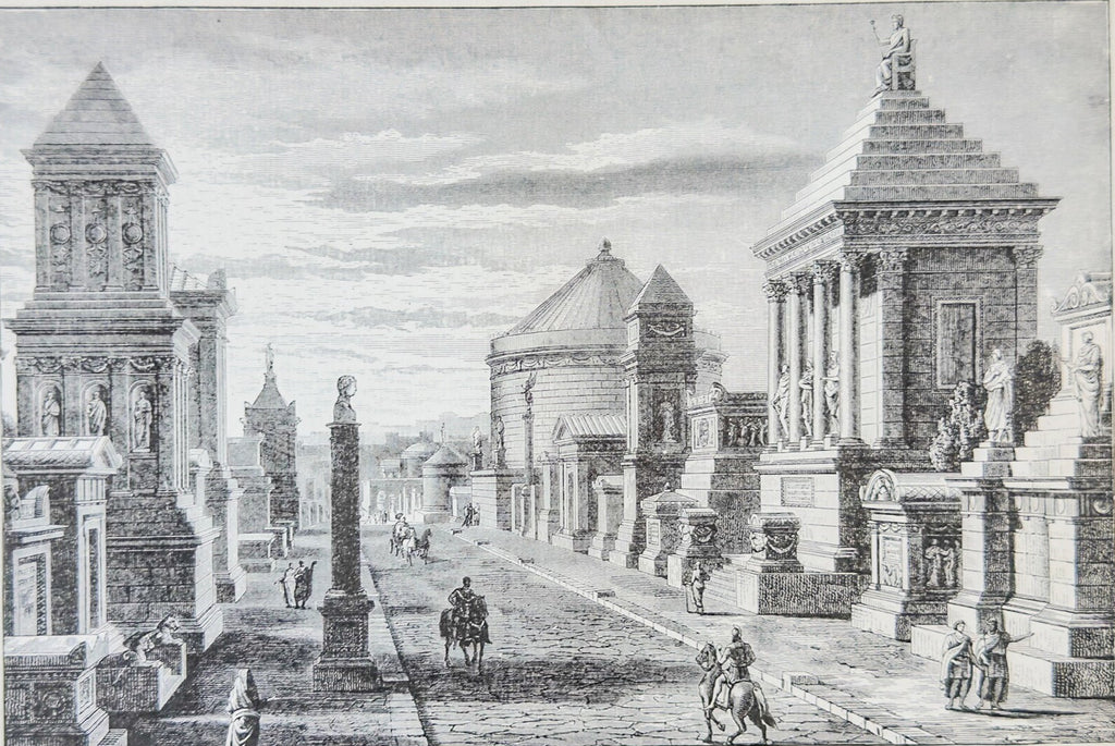 Engraving of classical architecture with columns and statues, framed by a wooden border.