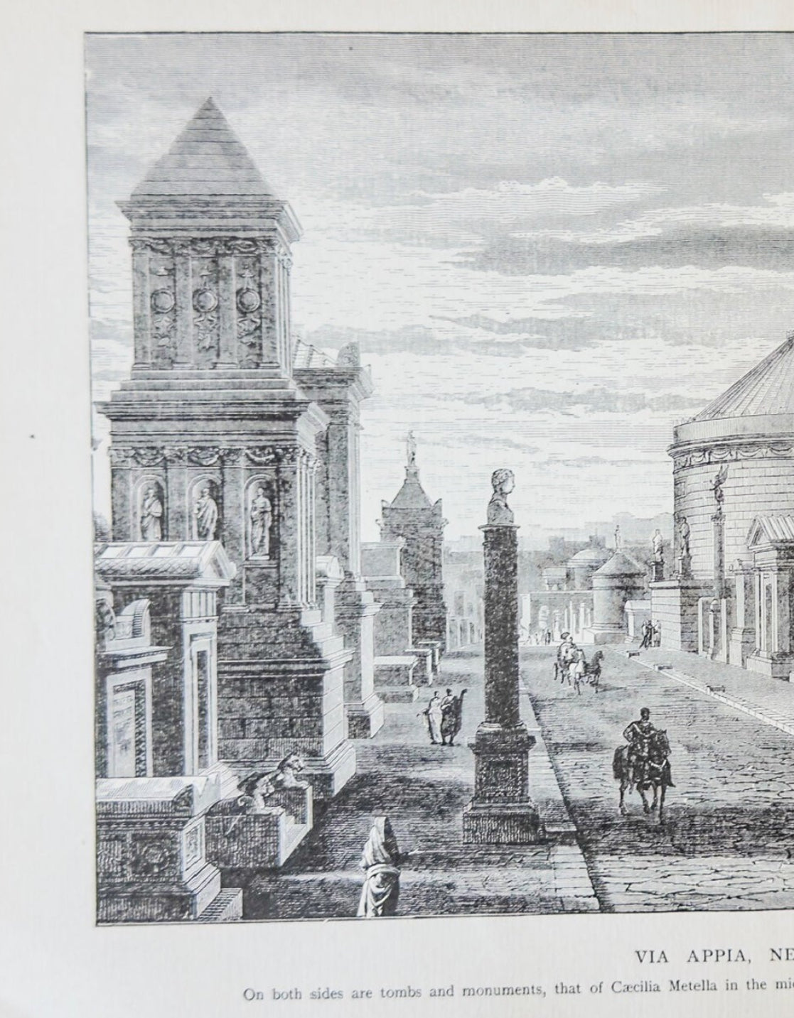 Engraving of classical architecture with columns and statues, framed by a wooden border.