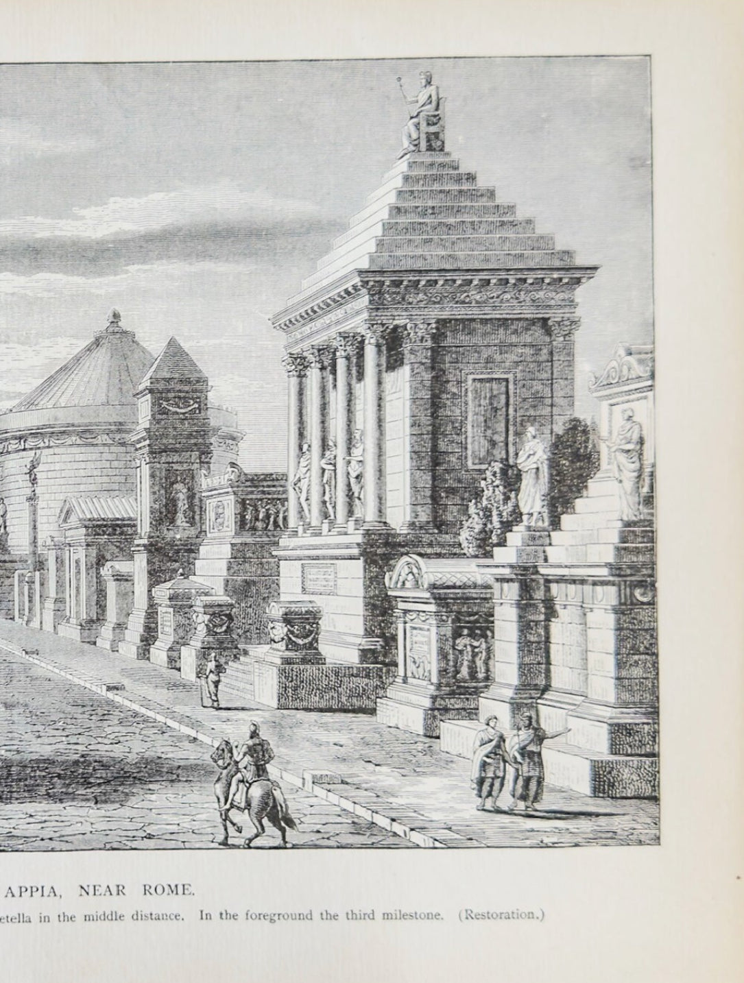 Engraving of classical architecture with columns and statues, framed by a wooden border.