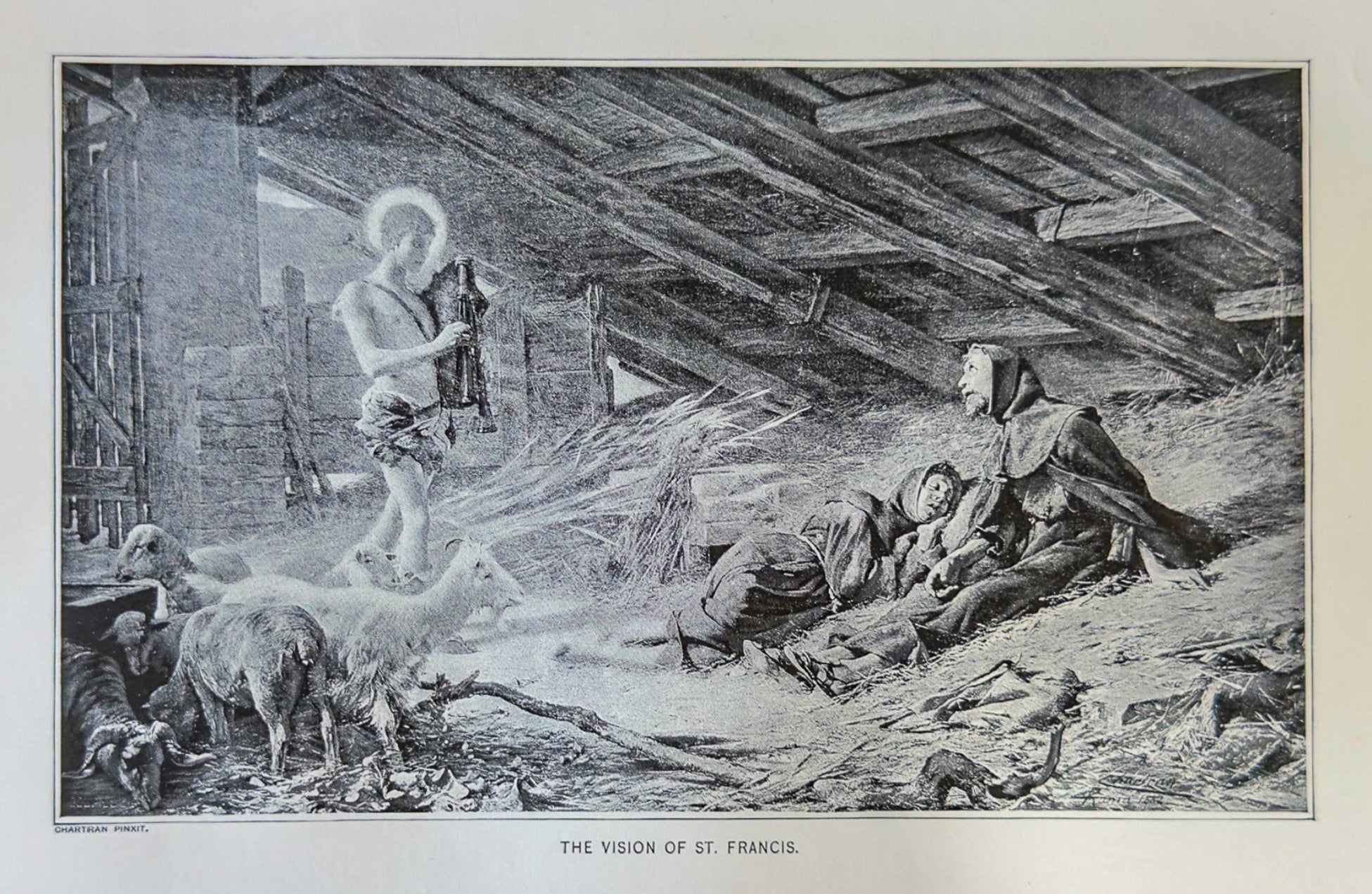 Black and white illustration of a religious scene with figures and animals in a rustic setting.