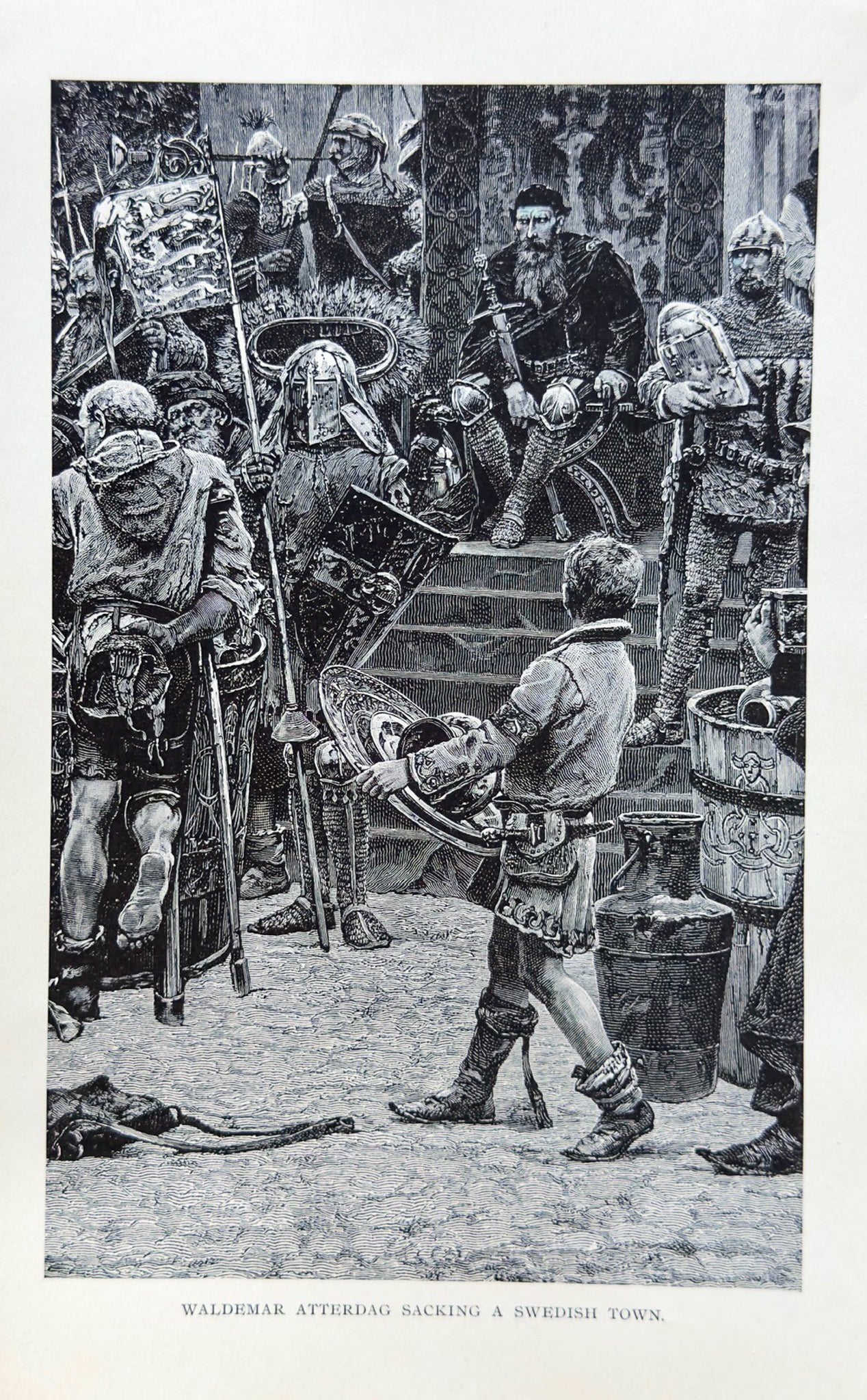 Waldemar Atterdag Sacking a Swedish Town – Antique Medieval Print – Danish King Engraving – Scandinavian History Wall Art