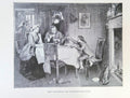 Vintage engraving of a scene with three people around a table in a room with decorative elements.