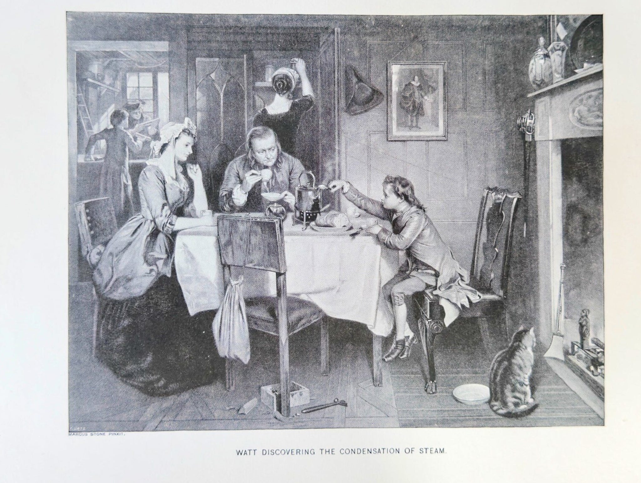 Vintage engraving of a scene with three people around a table in a room with decorative elements.