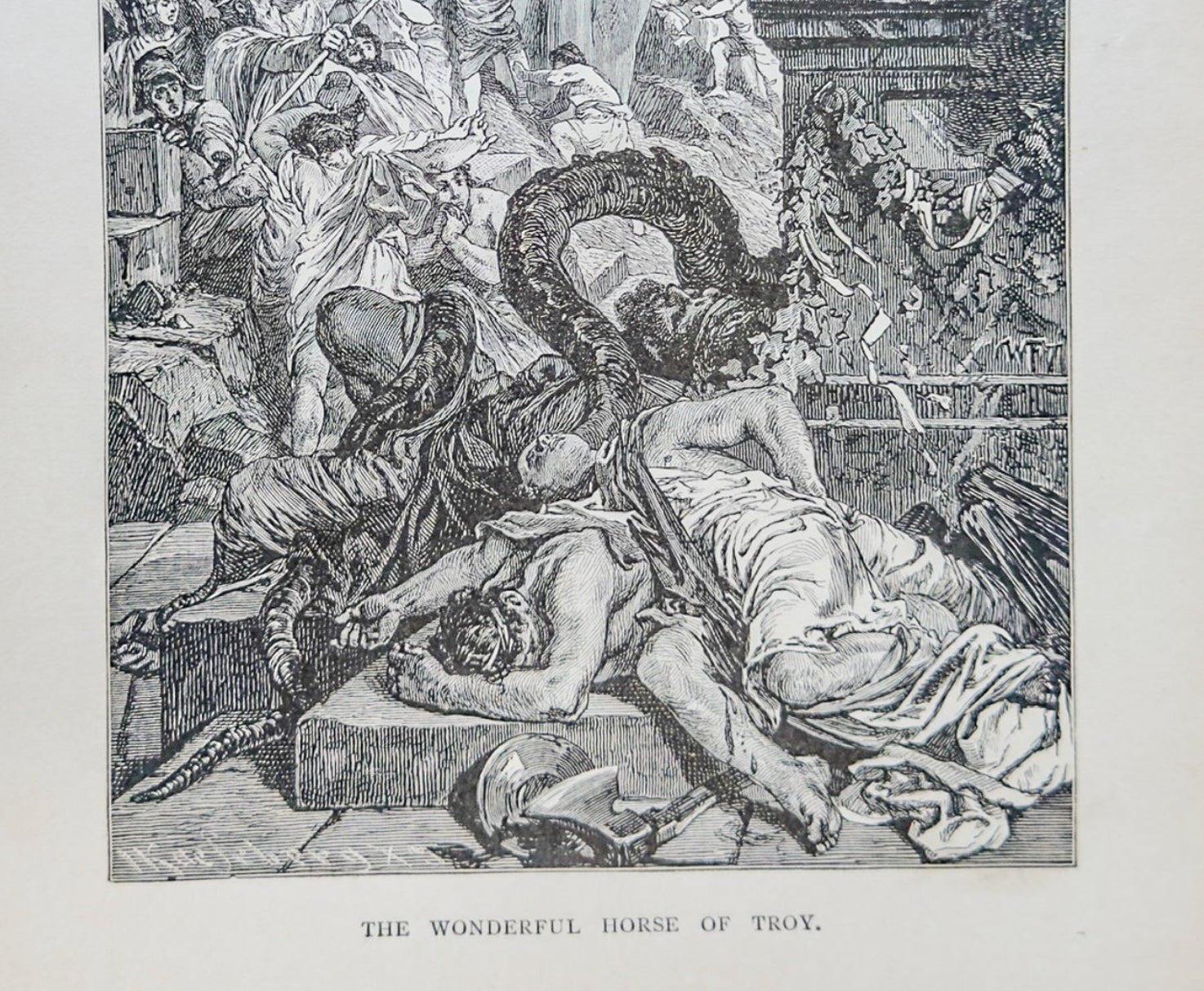 Vintage black and white print of a dramatic scene with people and architecture.