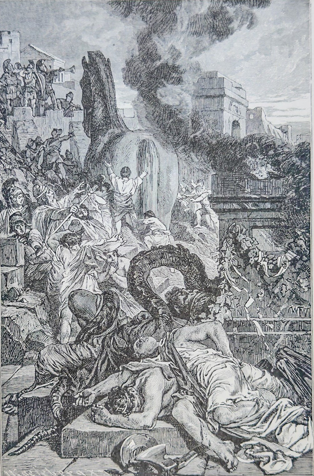 Vintage black and white print of a dramatic scene with people and architectural elements.