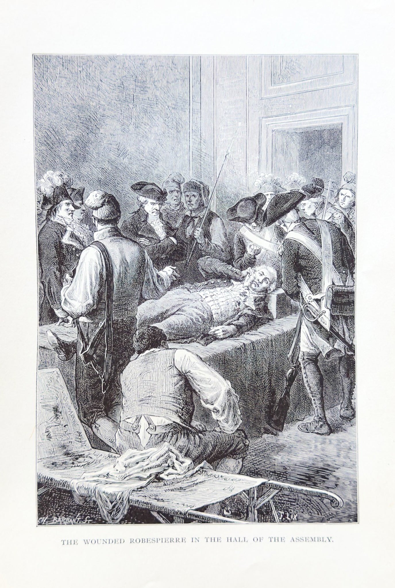 Engraving of a historical scene with people around a table, possibly in a meeting or gathering.