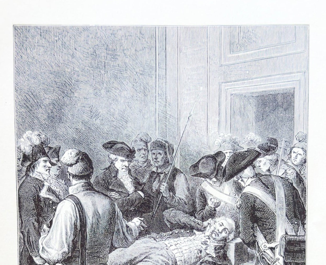 Engraving of a historical scene with people around a table, possibly in a meeting or gathering.