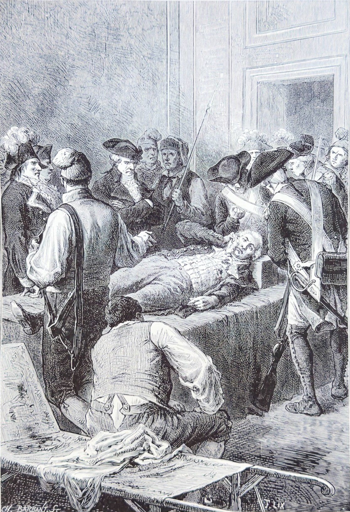 Engraving of a historical scene with people around a table, possibly in a meeting or gathering.