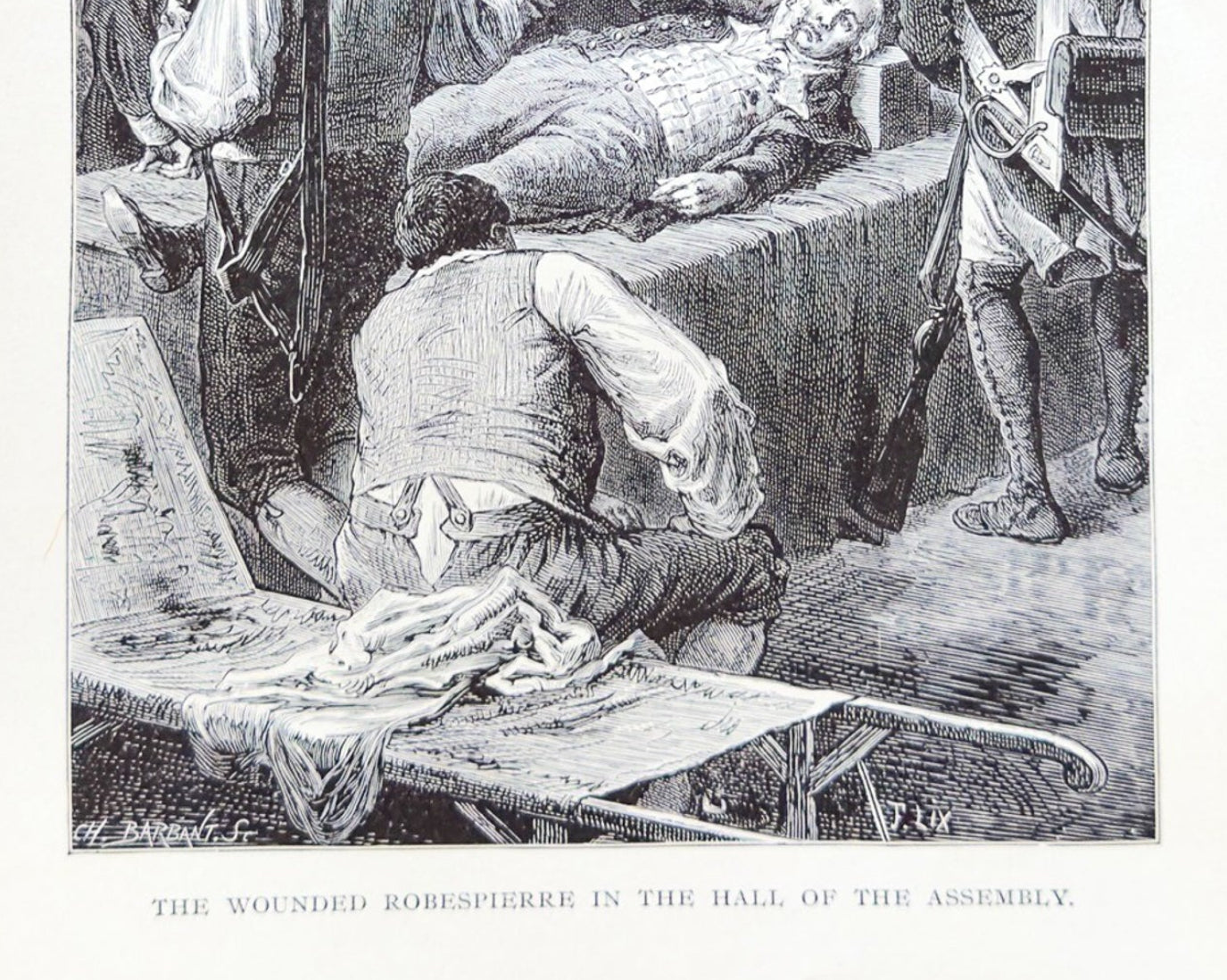 Engraving of a historical scene with people around a table, possibly in a meeting or gathering.