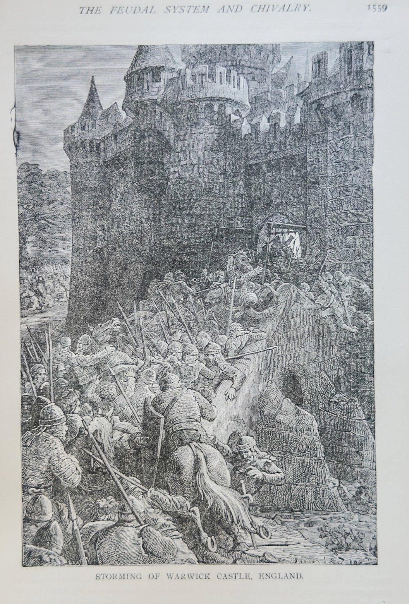 Engraving of a castle siege with soldiers and a knight, labeled 'Siege of Warwick Castle, England'.