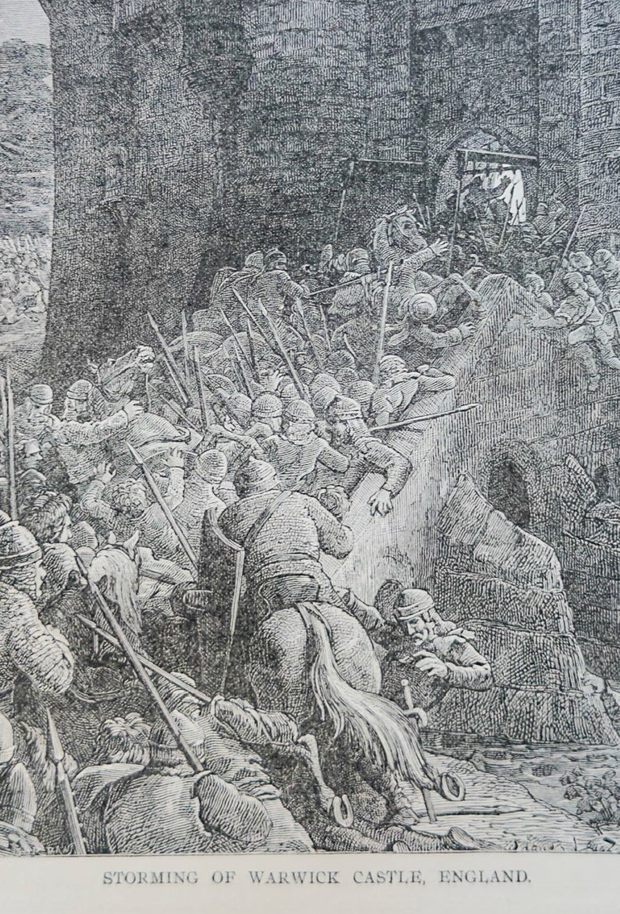 Engraving of a castle siege with soldiers and a knight, labeled 'Siege of Warwick Castle, England'.